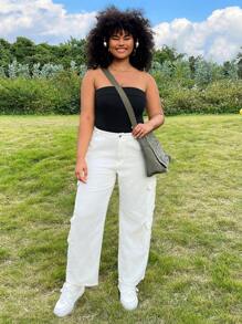 SHEIN EZwear Plus Size Black Knitted Strapless Bodysuit - Black - View 4