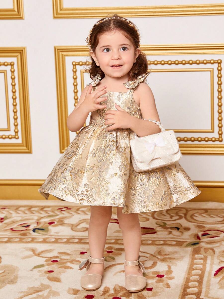 SHEIN Vestido De Tirantes De Espagueti Para Bebé Niña Con Tela De Jacquard Floral - Albaricoque - Ver 1