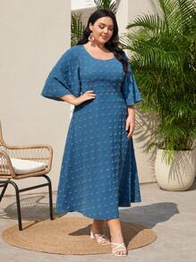 Mulvari Plus Size Jacquard Bell Sleeve Dress - Blue - View 7