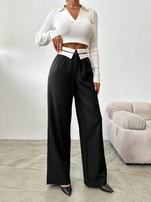 EURMUSE Spring And Autumn Loose And Drape Wide-Leg Suit Pants With Fold-Over Waistline And Floor-Length - Black - View 4