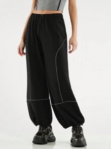 Forever 21 Women's Loose Fit Casual Sweatpants With Contrast Color Rolled Edge Decoration - Black - View 5