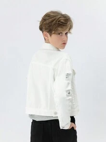Tween Boys' New Casual Fashion White Denim Jacket With Distressed And Water Washed Design - White - View 2
