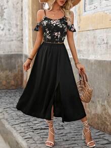 SHEIN Clasi Ngẫu nhiên In Vai rỗng Quần skinny Áo & Cái nĩa cao Bộ váy - màu đen - Xem 5