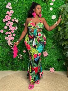 Slaydiva 大码女式夏季镂空露背热带植物印花连衣裙