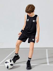 SHEIN Tween Boys' Loose Fit Football Number Pattern Vest Top 3pcs Outfit - Multicolor - View 16