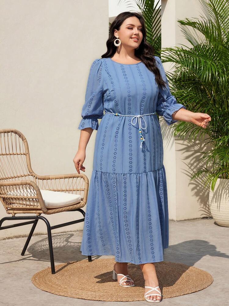 Plus Size Women's Dress With 3/4 Sleeves And Ruffle Hem