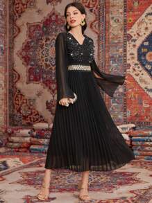 Modelyn Long Sleeve Dress With Rhinestone Decoration, Split Front And Pleated Hem - Black - View 3