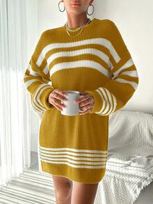 EURMUSE 女士彩色拼接條紋開肩毛衣連衣裙 - 薑色 - 查看 3