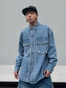 Manfinity EMRG Men's Frayed Edges Long Sleeve Denim Shirt