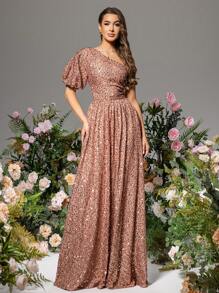 LOVE&LEMONADE One Shoulder Brown Sequin Party Dress - Brown - View 1