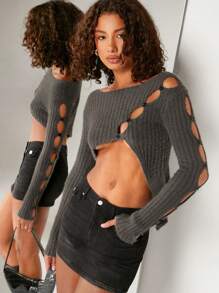 Denimoi Cut Out Button Round Neck Crop Ribbed Sexy Sweater - Dark Grey - View 1