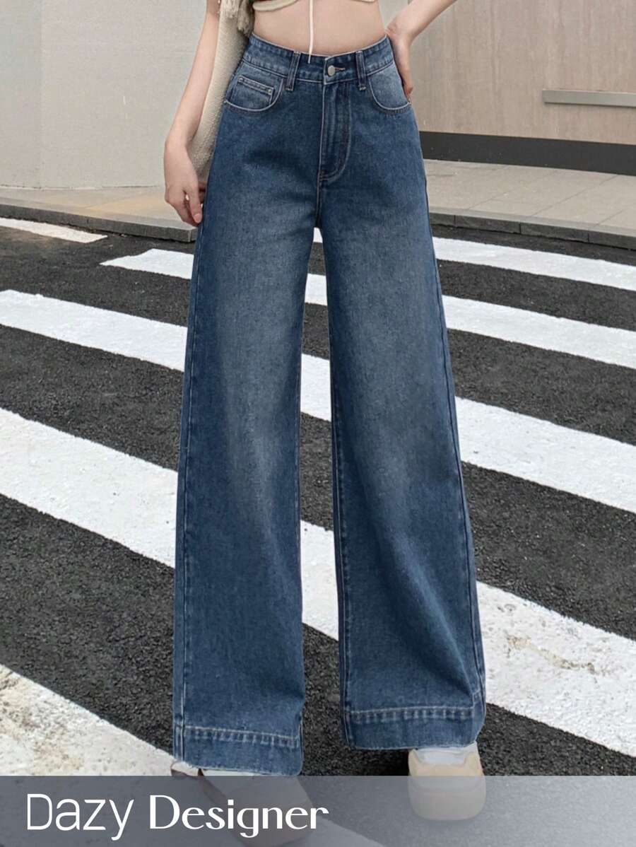 Dazy Designer 女式斜口袋水洗直筒牛仔裤、宽松牛仔裤、返校服