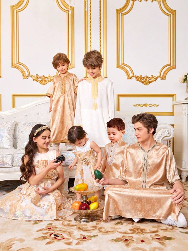 Young Boy's Loose Fit Casual Jacquard Round Neck Long Shirt