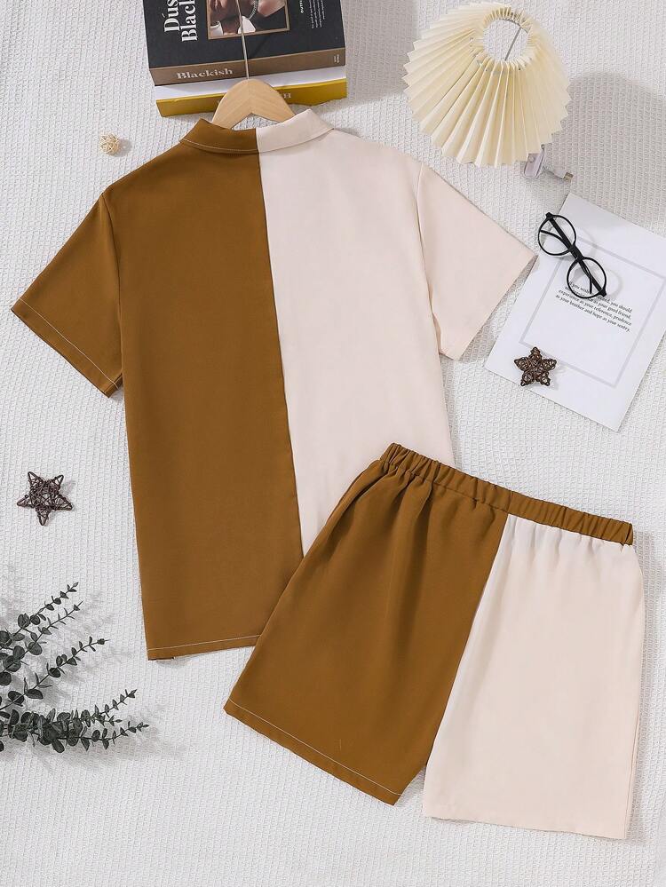 Men's Color Block Short Sleeve Shirt And Shorts Set For Home Wear