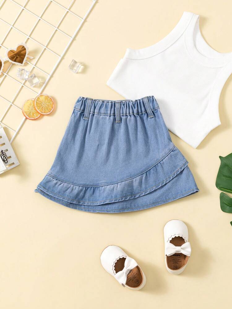 Baby Girl Light-Washed Blue Denim Skirt With Heart & Letter Embroidery And Ruffle Trim