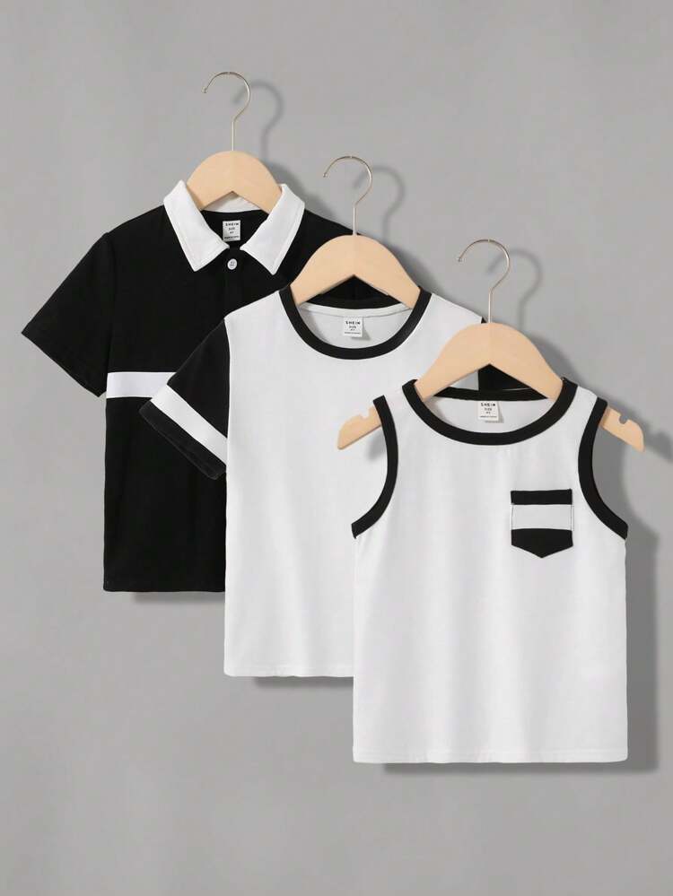 Young Boy's Sporty Crew Neck Contrast Short Sleeve T-Shirt, Vest, And Polo Shirt Combo