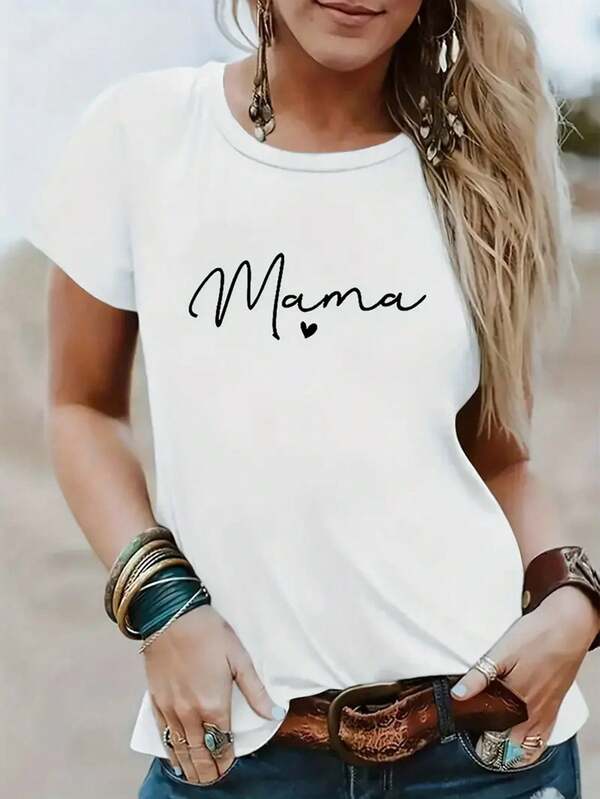 Women's Short Sleeve Round Neck T-Shirt With Letter Heart Print