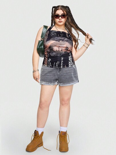 Street Life Pantalones Cortos De Mezclilla Deshilachados Con Grafiti De Talla Grande Para Mujer