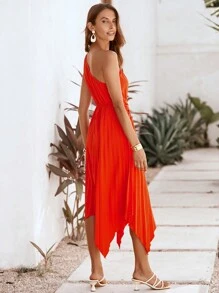 Chiquease Women's Solid Color Waist Twist Asymmetric Hem Dress - Orange - View 3