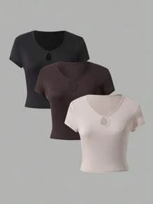 INAWLY T-shirt A Coste Con Colletto A Serratura In Tinta Unita - Multicolore - Visualizzare 1