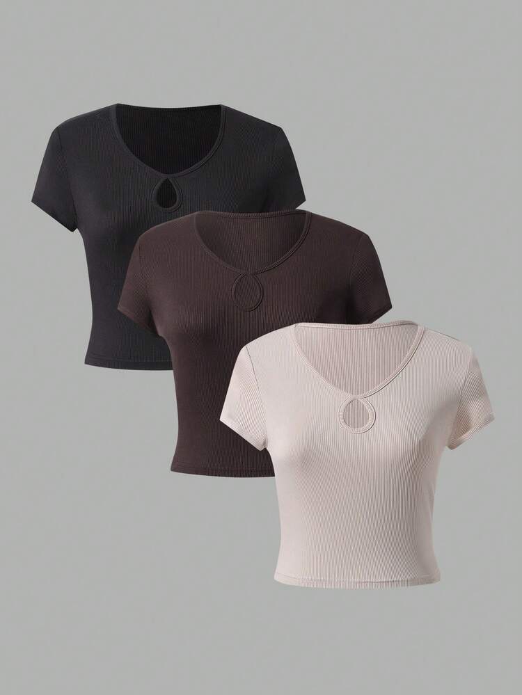 Solid Color Keyhole Collar Ribbed T-Shirt