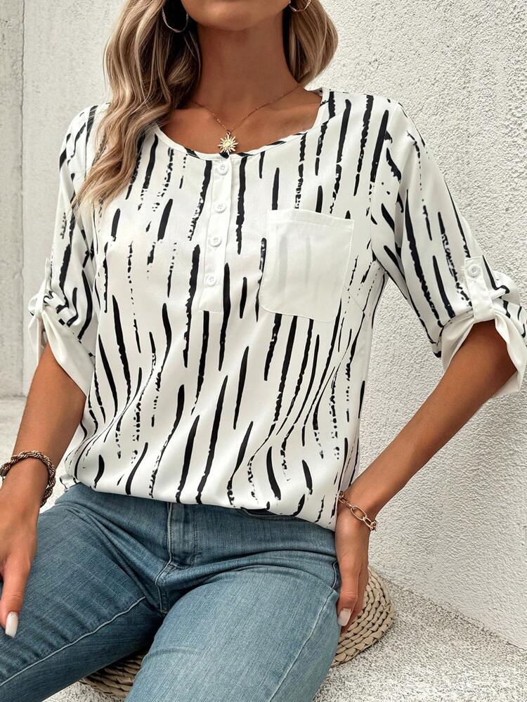 Striped Pattern Printed Button Half Placket Pocket Shirt