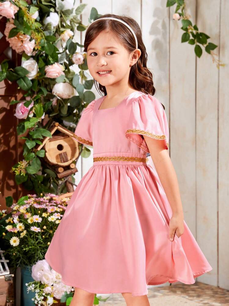 Young Girl Woven Solid Color Square Neck Casual Dress