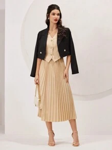 Modelyn 女性的v領單排扣背心、西裝外套和褶裙套裝 - 杏色 - 查看 4