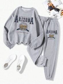 INAWLY 2 件套字母印花运动衫和慢跑裤套装，女士休闲抽绳，口袋腕长袖常规版型灰色落肩运动衫运动裤女士两件套服装，春季/秋季，休闲日常穿着