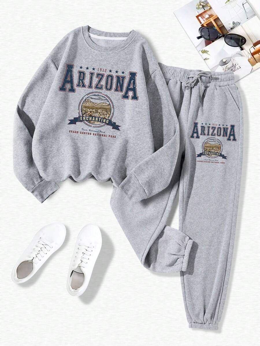 INAWLY 2 件套字母印花运动衫和慢跑裤套装，女士休闲抽绳，口袋腕长袖常规版型灰色落肩运动衫运动裤女士两件套服装，春季/秋季，休闲日常穿着