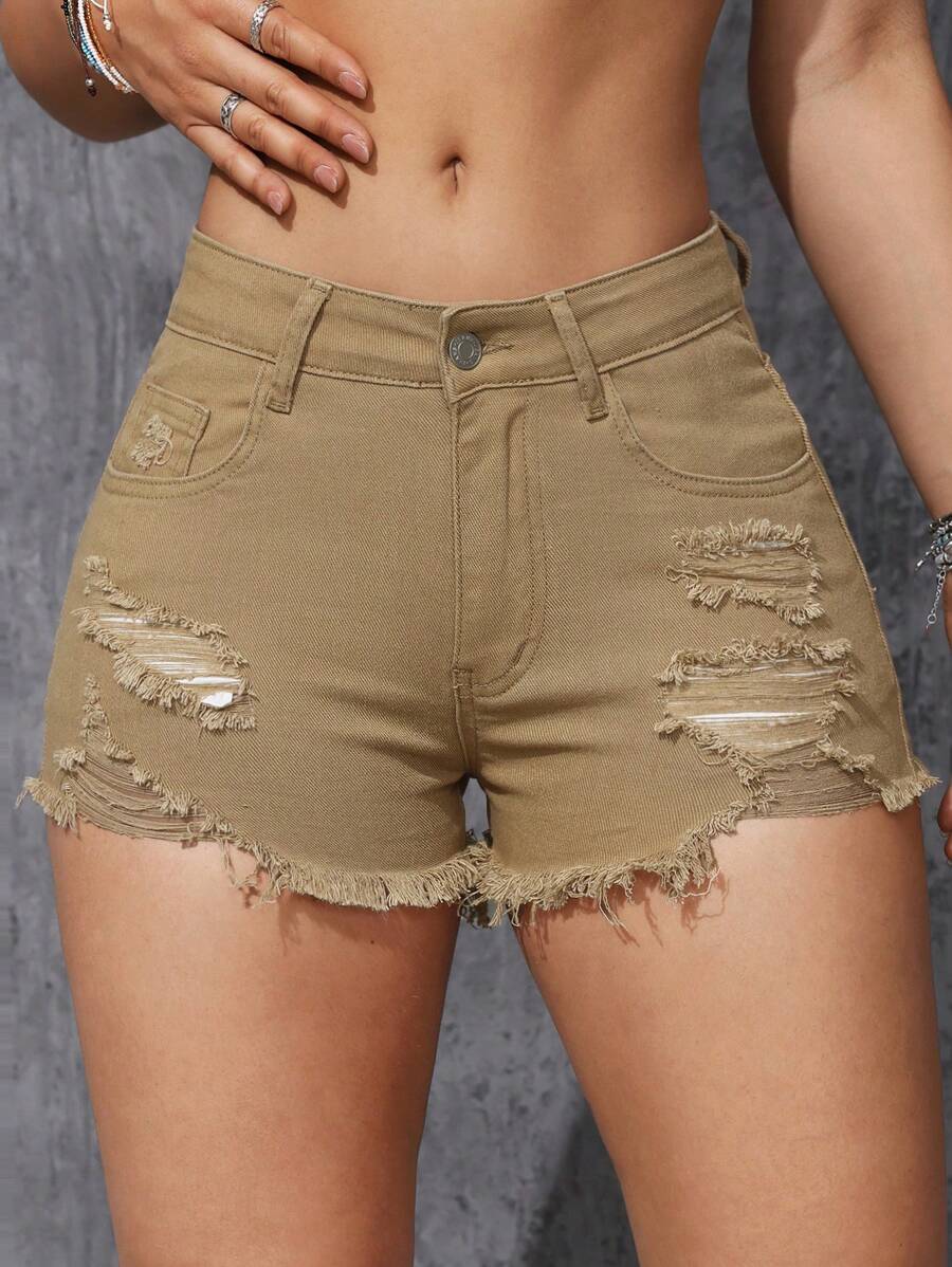 SHEIN ICON Distressed Frayed Hem Denim Shorts - Ginger - View 1