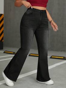 SHEIN ICON Kích thước lớn Của phụ nữ Thêu Eo cao Quần jean loe Với Trở lại Túi - Xám - Xem 5