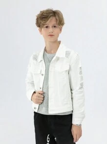 Tween Boys' New Casual Fashion White Denim Jacket With Distressed And Water Washed Design - White - View 6
