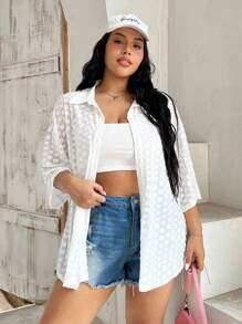 SHEIN EZwear Plus Size Women's Textured Drop Shoulder T-Shirt - White - View 5