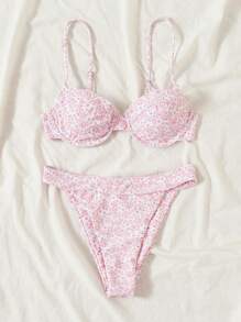 SHEIN Swim Bikini tanga con aros de flores diminutas para playa de verano - Rosa - Ver 3