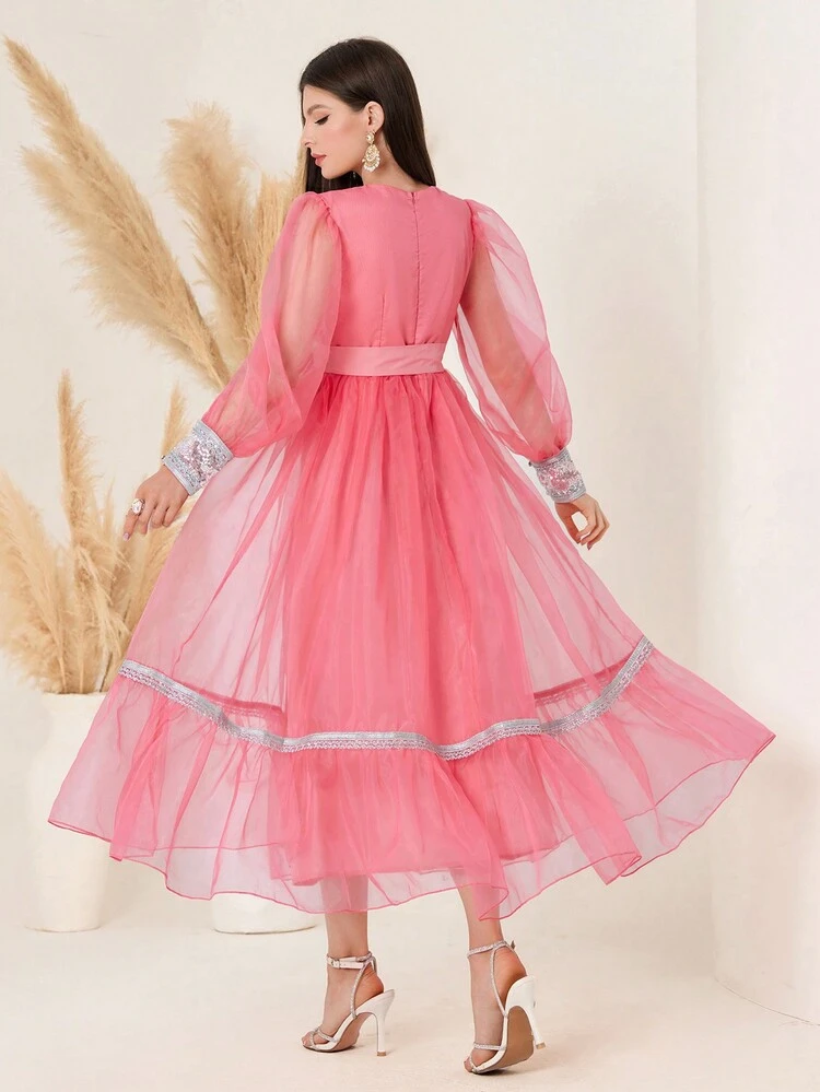 Women's V-Neck Shiny Sequin Stitching Sheer Ribbon Tie Dress