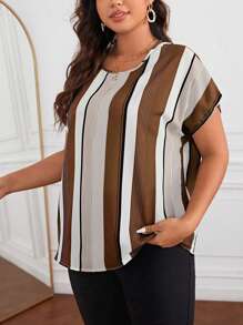 SHEIN Clasi Plus Size Striped Print Batwing Sleeve Blouse, Summer
