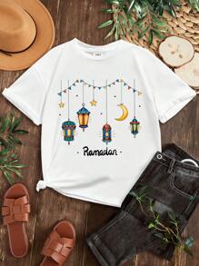 SHEIN Tween Girls' Casual Pattern Short Sleeve T-Shirt, Suitable For Summer - White - View 1