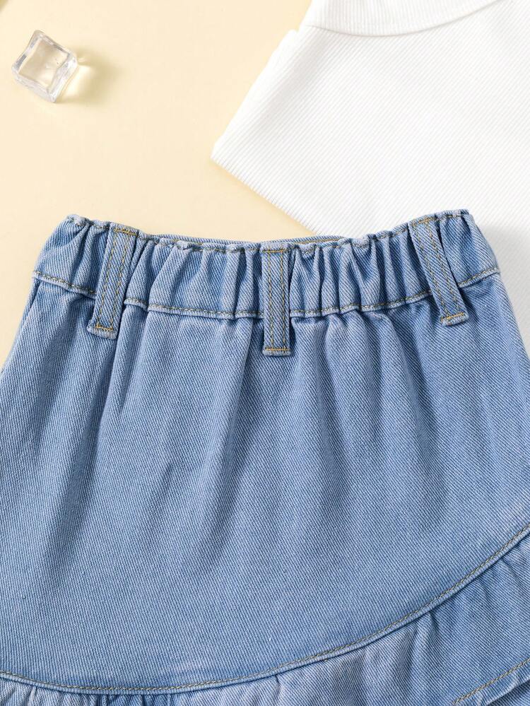 Baby Girl Light-Washed Blue Denim Skirt With Heart & Letter Embroidery And Ruffle Trim
