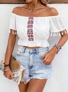 SHEIN VCAY 女士離肩短袖上衣,帶流蘇袖 - 白色 - 查看 5