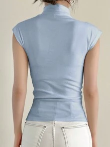 DAZY Women's Plain Color Stand Collar T-Shirt Summer - Blue - View 2