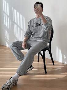 DAZY Men Letter Graphic Drop Shoulder Sweatshirt & Joggers - Grey - View 5