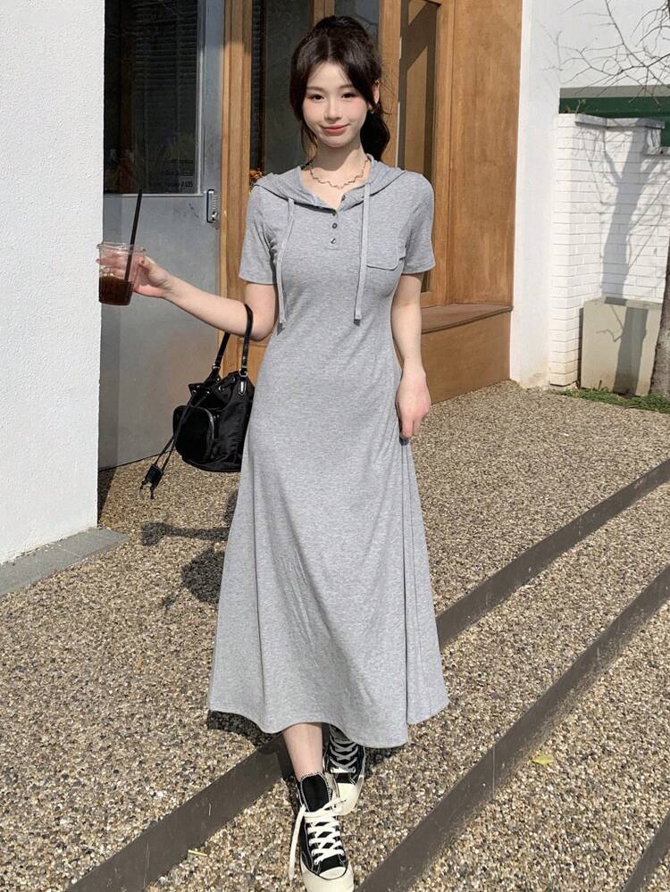 Women's Short Sleeve Solid Color Hooded Dress Sundress,Casual Women Dresses Maxi Dress