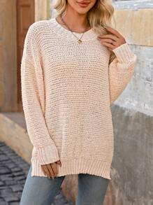 Chiquease 纯色落肩休闲针织套头衫秋冬毛衣 - 杏色 - 查看 3