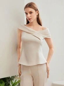 MOTF PREMIUM WOVEN ASYMMETRICAL NECK BLOUSE,CHIC BLOUSE - Apricot - View 7