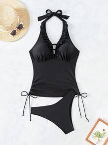 SHEIN Swim 嘉年華女式露肩荷葉邊比基尼 - 黑色 - 查看 6
