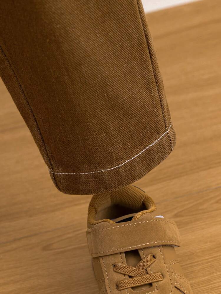 3pcs/Set Spring Summer Baby Boy's White Short Sleeve Top, Brown Washed Denim Vest And Long Pants With Washed Hem Design Fashion Outfit