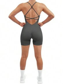 SHEIN Sports Seamless, High Stretch, Cross Back Design, Bodycon Athletic Romper - Dark Grey - View 4