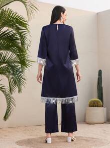 Mulvari Của phụ nữ Sáng bóng Tua viền Dài Áo Và Quần Hai chiếc Bộ - Màu xanh hải quân - Xem 2