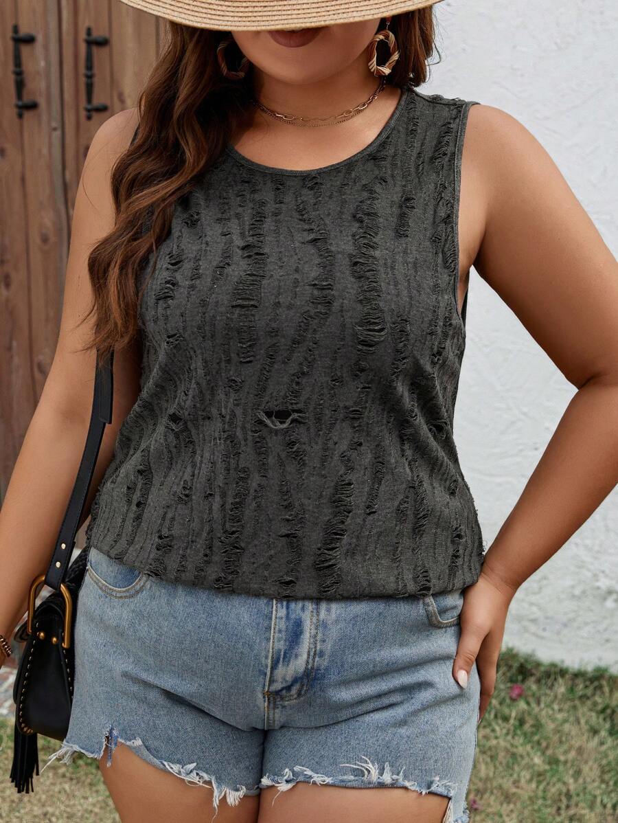 SHEIN LUNE Plus Size Round Neck Ripped Sleeveless Top - Black - View 1